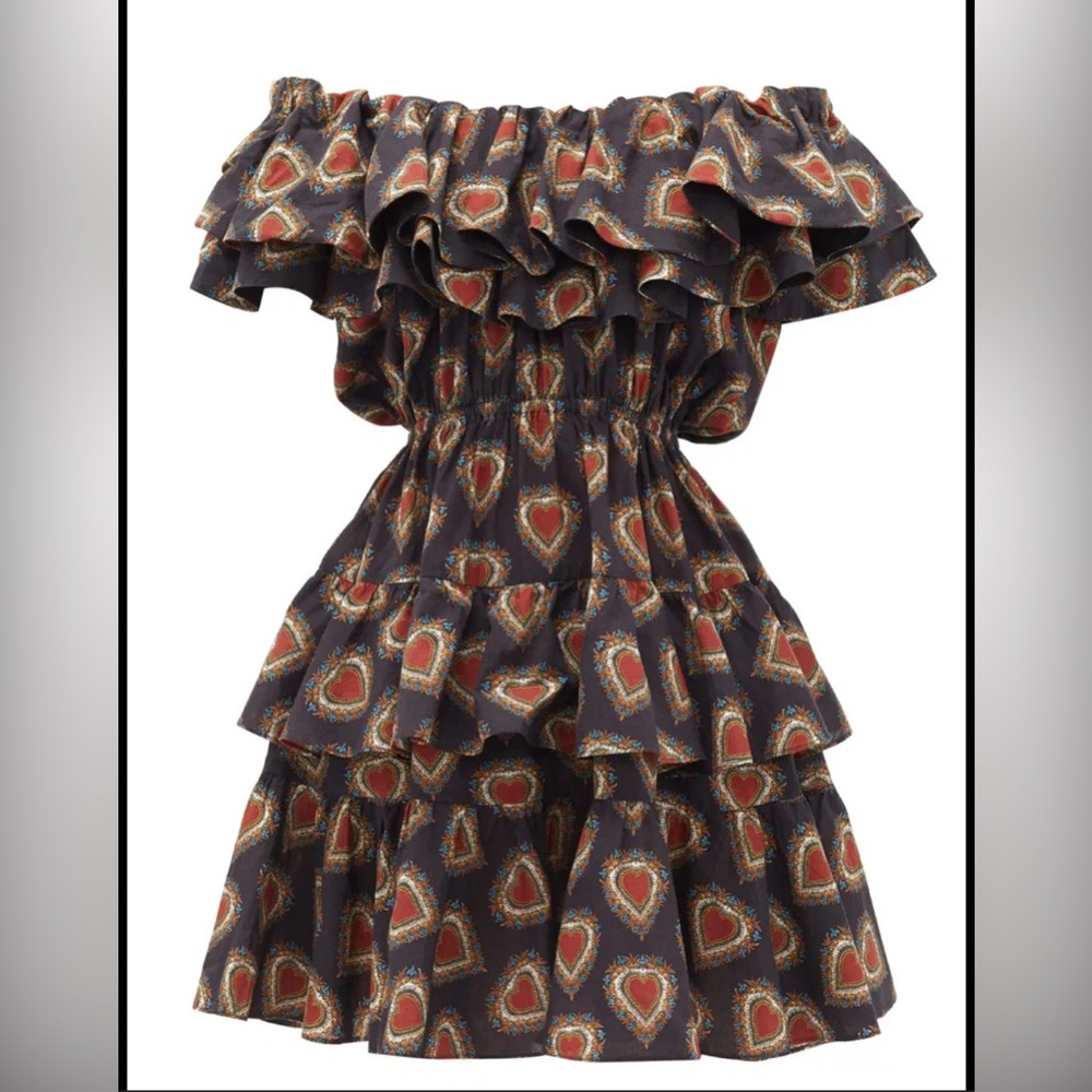 Rhode Dotty Off the Shoulder Heart Print Dress in Navy S